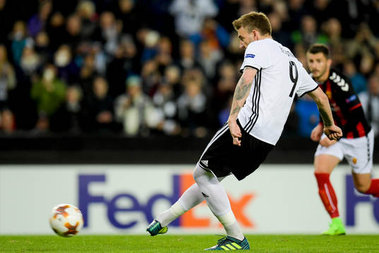 Nicklas Bendtner of Rosenborg scores 1-0