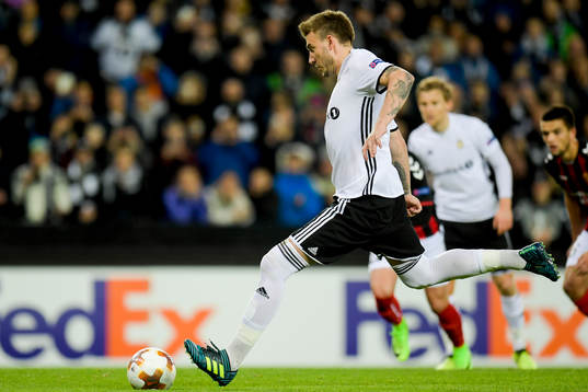 Nicklas Bendtner of Rosenborg scores 1-0