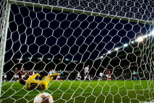 Nicklas Bendtner of Rosenborg scores 1-0
