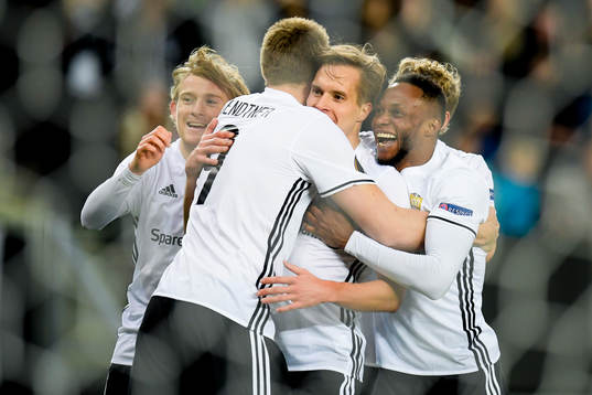 Anders Konradsen of Rosenborg celebrates with teammates