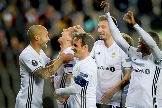 Anders Konradsen of Rosenborg celebrates with teammates