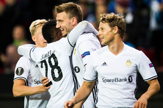 Nicklas Bendtner of Rosenborg celebrates 3-0 with his