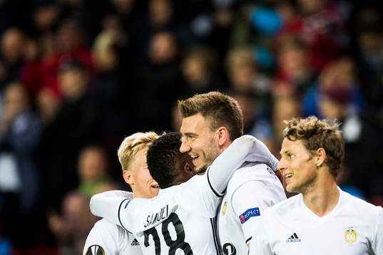 Nicklas Bendtner of Rosenborg celebrates 3-0 with his