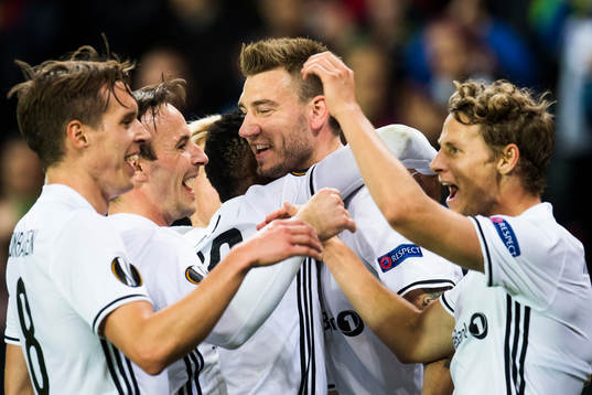 Nicklas Bendtner of Rosenborg celebrates 3-0 with his