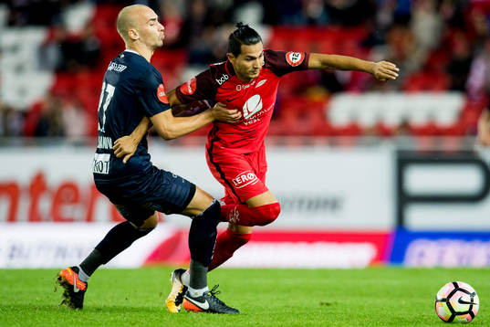Nikita Baranov of Kristiansund and Denver Vega of Brann