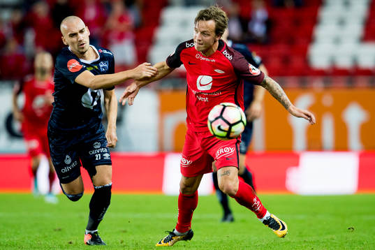 Nikita Baranov of Kristiansund and Fredrik Haugen of Brann