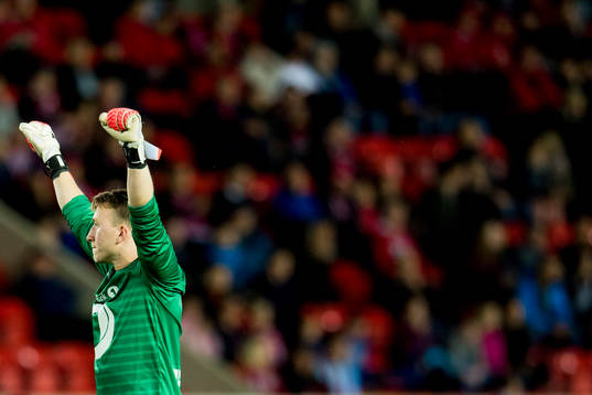 Goalkeeper Sean McDermott of Kristiansund celebrates 0-2