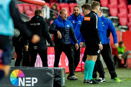 Christian Michelsen, head coach of Kristiansund, celebrates