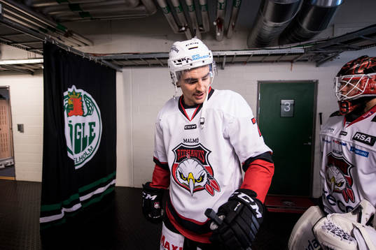 Malmö Redhawks Nils Andersson och målvakt Oscar Alsenfelt