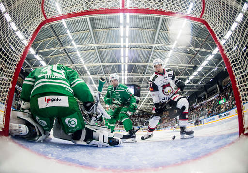 Malmö Redhawks Daniel Zaar oroar vid Rögles målvakt Emil