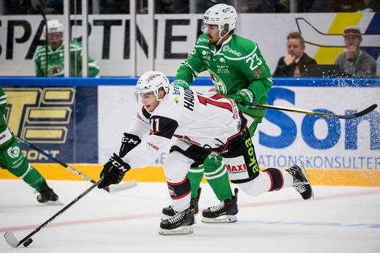 Malmö Redhawks Lukas Haudum och Rögles Daniel Sylwander