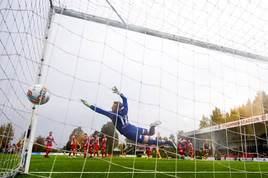 Tobias Christensen of Start scores 1-2 behind goalkeeper