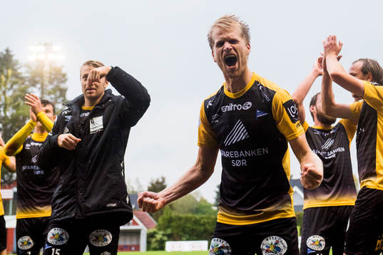 Daniel Aase of Start celebrates