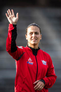 Linköpings Marija Banusic innan fotbollsmatchen i