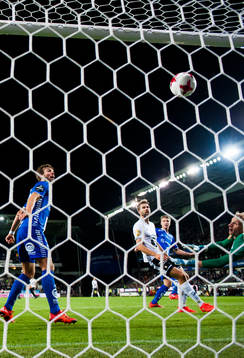 Sigurd Rosted of Sarpsborg scores 1-1 behind goalkeeper