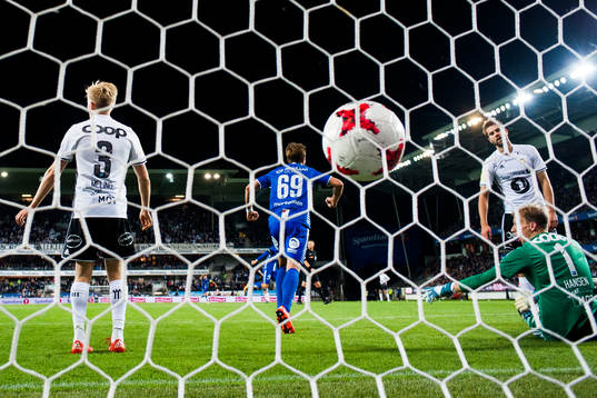 Sigurd Rosted of Sarpsborg (not pictured) scores 1-1 behind