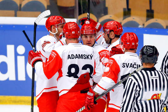 Jiri Polansky of Ocelari Trinec celebrates with his