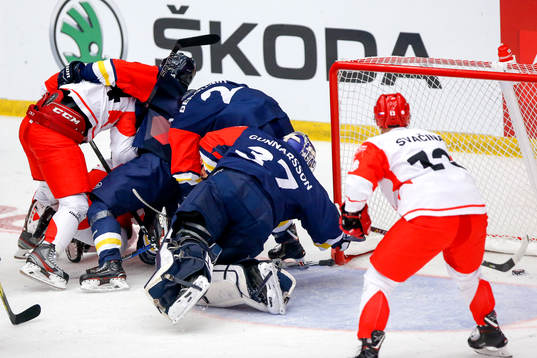 Jiri Polansky of Ocelari Trinec scores 0-1