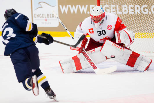 Oscar Sundh of HV71 scores past Simon Hrubec goalkeeper of