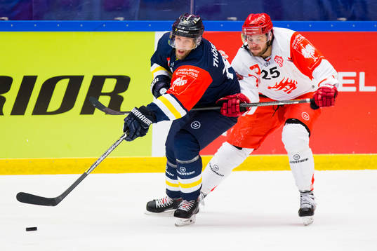 Martin Thörnberg of HV71 against Vladimir Roth of Ocelari