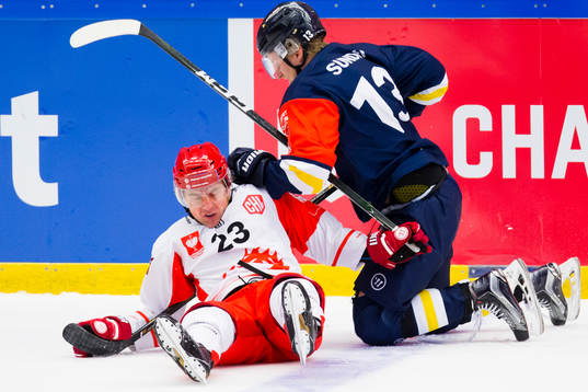 Jiri Polansky of Ocelari Trinec and Oscar Sundh of HV71