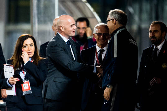 Gianni Infantino, FIFA president, greets Lars Lagerbäck,