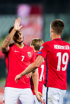 Joshua King and Markus Henriksen of Norway celebrate a goal