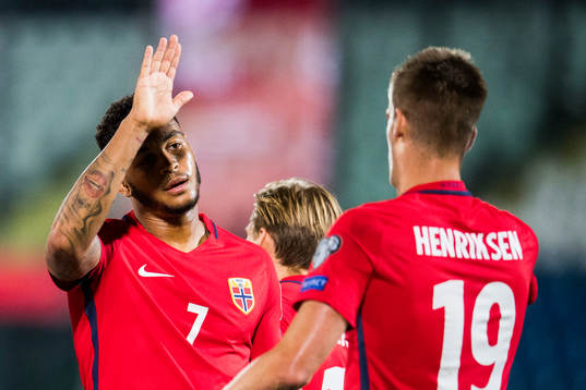 Joshua King and Markus Henriksen of Norway celebrate a goal