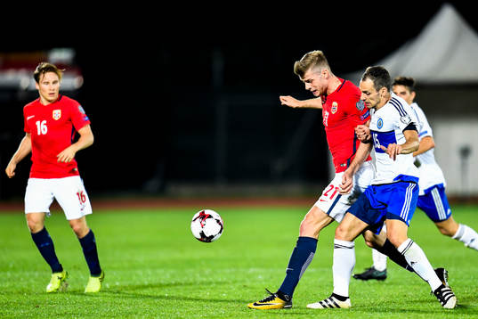 Alexander Sørloth of Norway and Cristian Brolli of San
