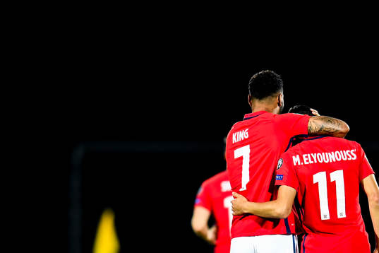 Joshua King and Mohamed Elyounoussi of Norway  celebrate 5-0