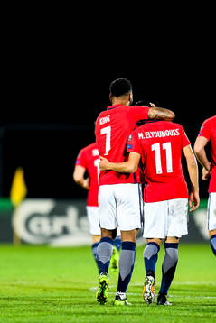 Joshua King and Mohamed Elyounoussi of Norway  celebrate 5-0