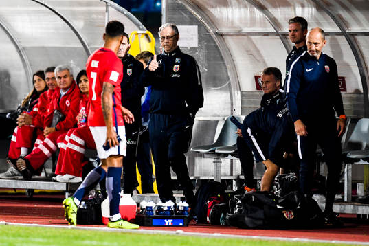 Lars Lagerbäck, head coach of Norway, gives thumbs up to