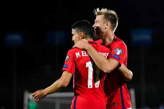 Mohamed Elyounoussi and Alexander Toft Søderlund of Norway