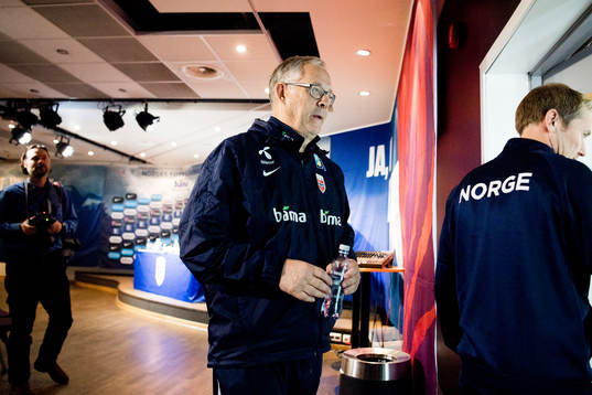 Lars Lagerbäck, head coach of Norway, leaves a press