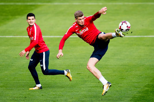 Tarik Elyounoussi and Alexander Sørloth of Norway