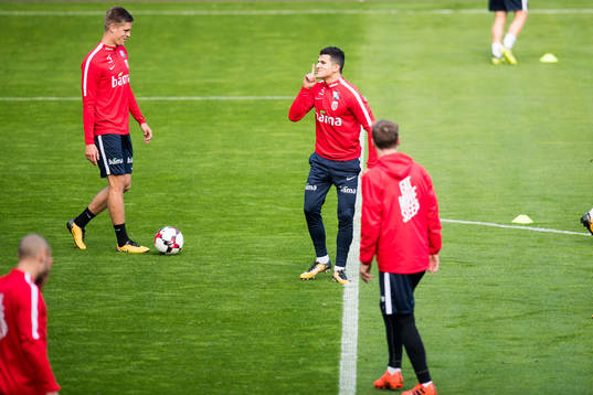 Markus Henriksen and Tarik Elyounoussi of Norway