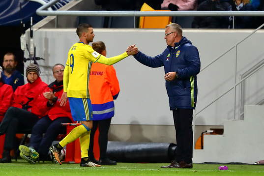 Sveriges Marcus Berg och förbundskapten Janne Andersson