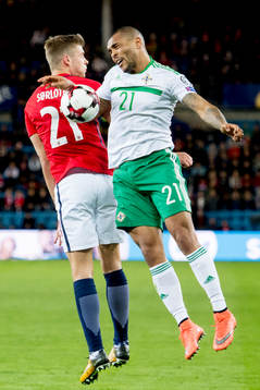 Alexander Sørloth of Norway and Connor McLaughlin of