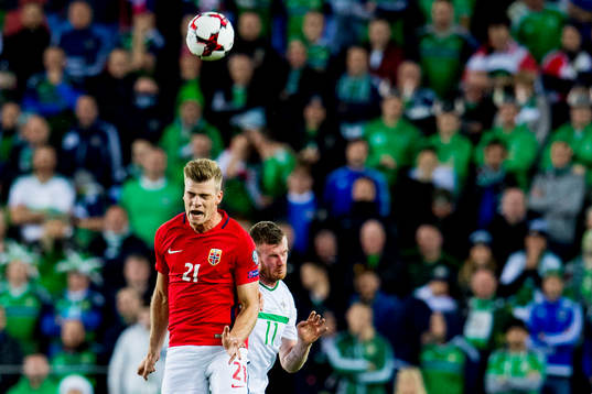Alexander Sørloth of Norway and Chris Brunt of Northern
