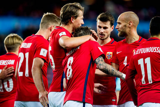 Sander Berge and Stefan Johansen of Norway celebrate the