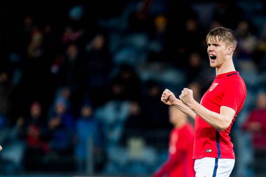 Kristoffer Ajer of Norway celebrates