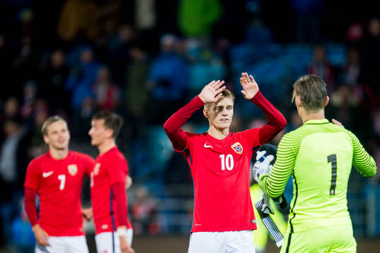Goalkeeper Sondre Rossbach and Martin Ødegaard of Norway