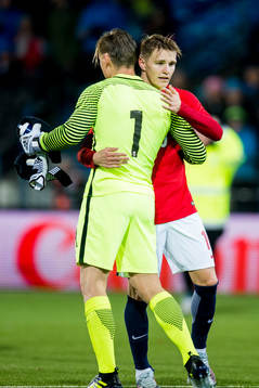 Goalkeeper Sondre Rossbach and Martin Ødegaard of Norway