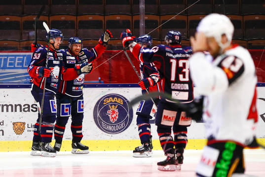 Linköpings Eddie Larsson jublar med målskytten Derek Roy