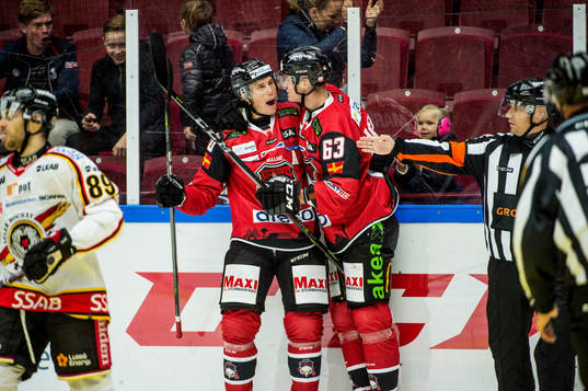 Malmö Redhawks Robin Alvarez och Fredrik Händemark jublar