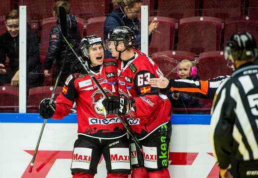 Malmö Redhawks Robin Alvarez och Fredrik Händemark jublar