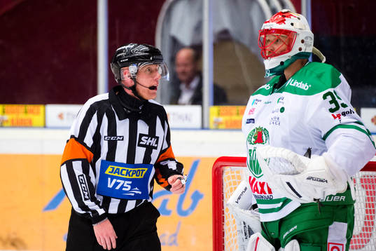 Domare Mikael Holm i samtal med Rögles målvakt Justin