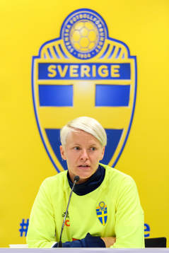 Nilla Fischer på en presskonferens med det svenska