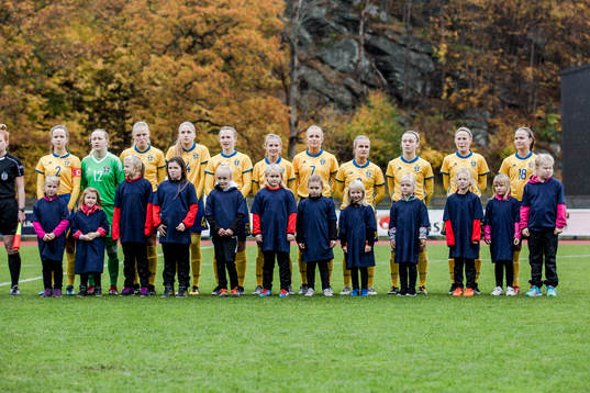 Sveriges  spelare ställer upp sig innan match