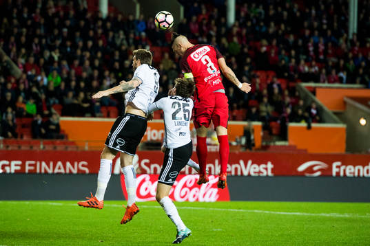 Nicklas Bendtner and Marius Lundemo of Rosenborg and Vito